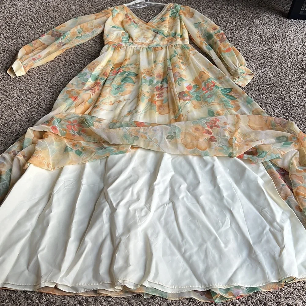Vintage 70s Chiffon Yellow Floral Floor Length Dress Sz 14 By Union Made - Picture 11 of 16